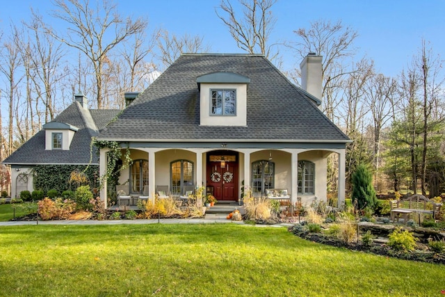 view of front of property featuring covered porch and a front yard