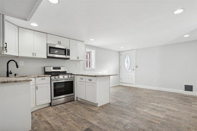 kitchen featuring white cabinets, stainless steel appliances, light stone counters, and hardwood / wood-style flooring