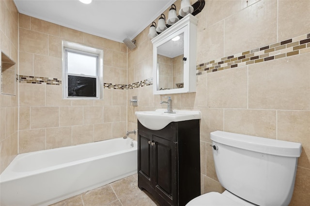 full bathroom featuring shower / tub combination, vanity, and tile walls