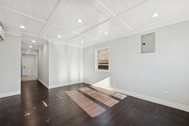 unfurnished room featuring dark hardwood / wood-style flooring, electric panel, and coffered ceiling