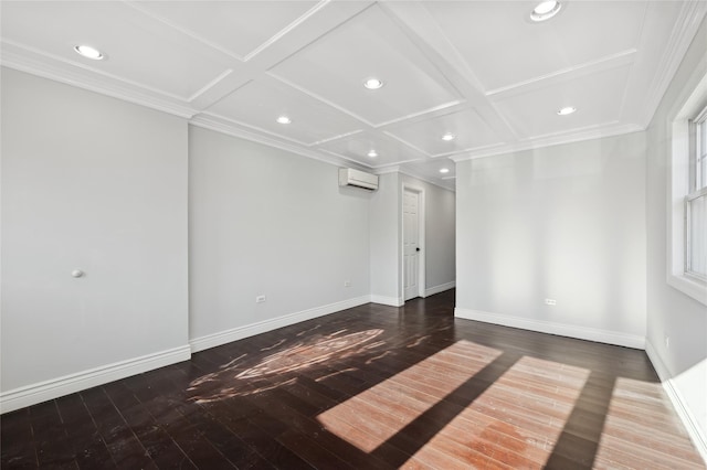 empty room with dark hardwood / wood-style floors, a wall mounted AC, and coffered ceiling