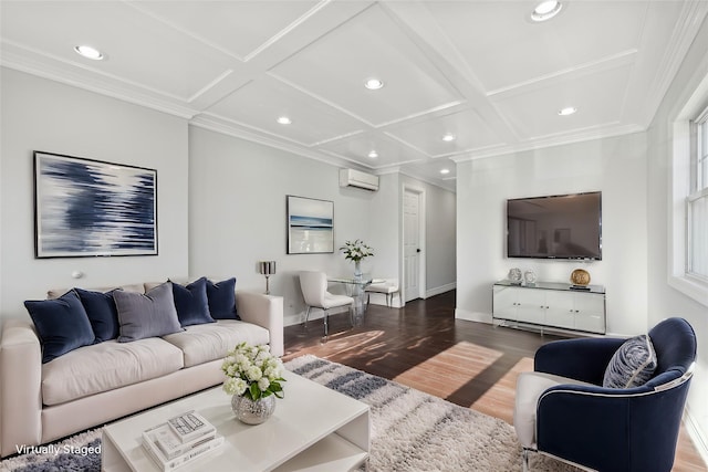 living room featuring a wall mounted air conditioner, dark hardwood / wood-style floors, and coffered ceiling