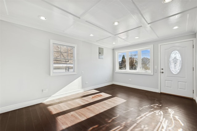 entrance foyer with electric panel, crown molding, dark wood-type flooring, and coffered ceiling