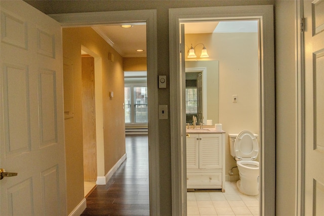 bathroom with wood-type flooring, vanity, toilet, and ornamental molding