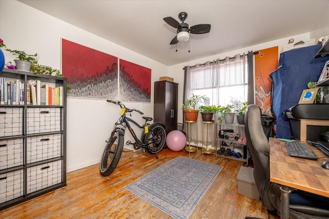 home office with wood-type flooring and ceiling fan