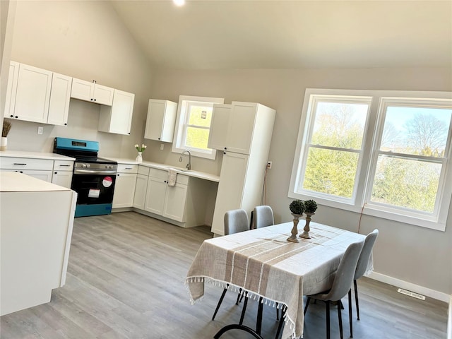 kitchen with lofted ceiling, light wood-style floors, a wealth of natural light, and stainless steel range with electric cooktop