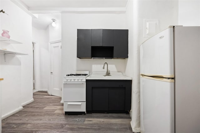 kitchen featuring wood-type flooring, white appliances, and sink