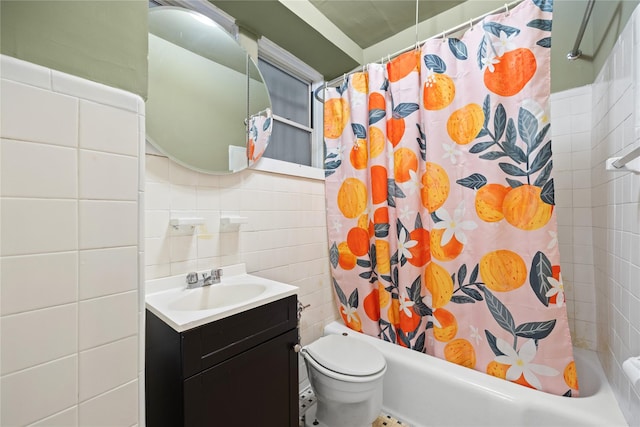 full bathroom featuring vanity, decorative backsplash, toilet, tile walls, and shower / tub combo with curtain