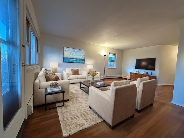 living room with wood-type flooring and a baseboard heating unit