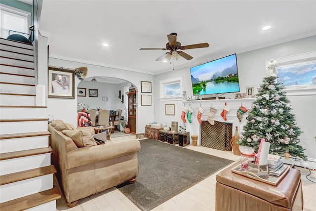 living room with light wood-type flooring, ceiling fan, and crown molding