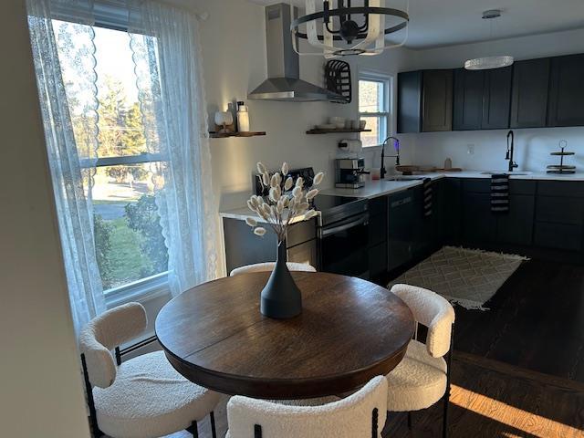 kitchen featuring dishwasher, ventilation hood, light hardwood / wood-style floors, and sink