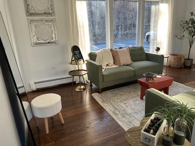 living room with dark hardwood / wood-style flooring and a baseboard radiator