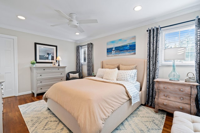 bedroom featuring crown molding, dark wood-style flooring, and recessed lighting