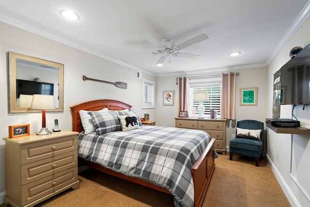 bedroom featuring recessed lighting, light carpet, a ceiling fan, baseboards, and ornamental molding