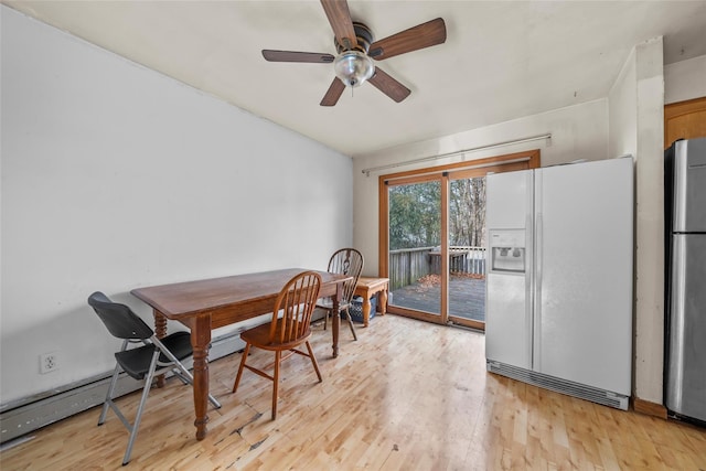 dining area featuring light hardwood / wood-style flooring and ceiling fan