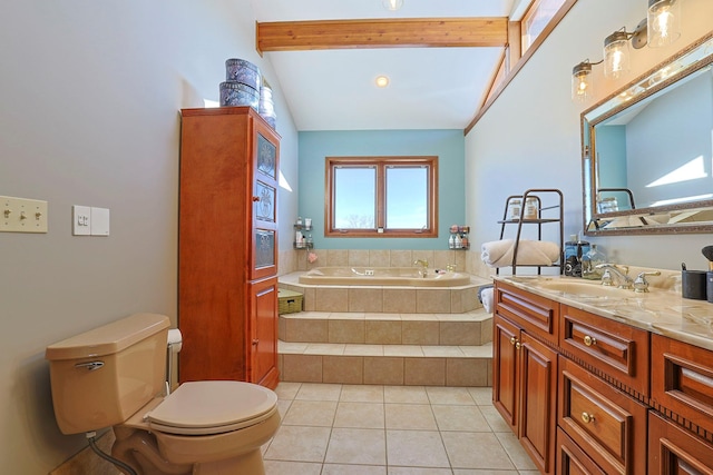 bathroom with beam ceiling, a relaxing tiled tub, vanity, tile patterned floors, and toilet