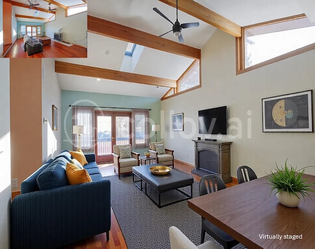 living room with french doors, wood-type flooring, high vaulted ceiling, beamed ceiling, and ceiling fan