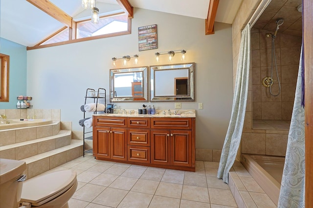 bathroom with tile patterned flooring, lofted ceiling with beams, and a shower with shower curtain