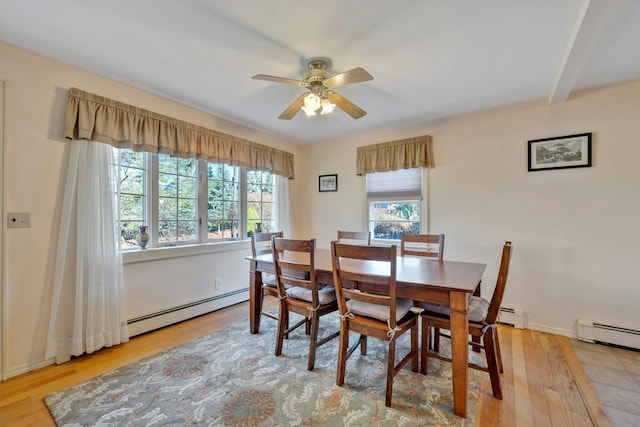 dining room featuring ceiling fan, light hardwood / wood-style flooring, and a baseboard heating unit