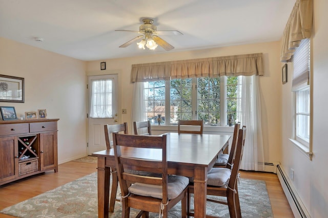 dining room with ceiling fan, light hardwood / wood-style flooring, and a baseboard radiator