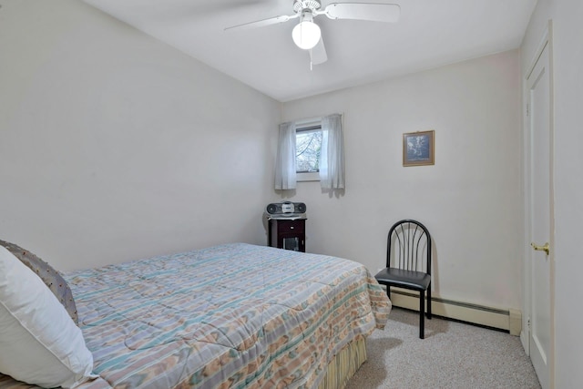 bedroom featuring a baseboard radiator, ceiling fan, and light colored carpet