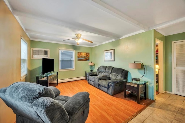 tiled living room featuring ceiling fan, beam ceiling, and a baseboard radiator