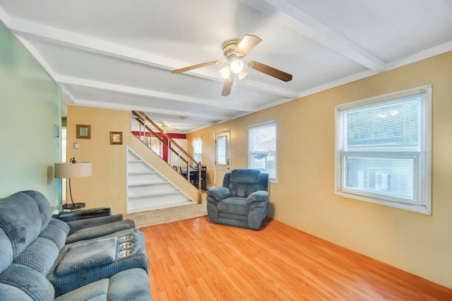 living room with beamed ceiling, wood-type flooring, and ceiling fan