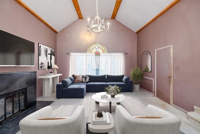 living room featuring beamed ceiling, a chandelier, and high vaulted ceiling