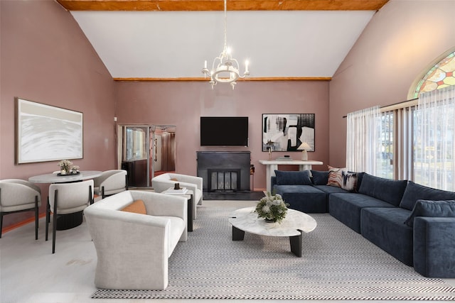 living room featuring carpet flooring, high vaulted ceiling, an inviting chandelier, and beamed ceiling