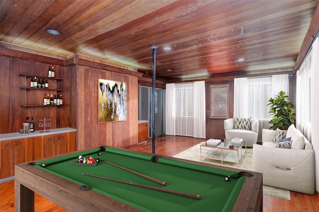 rec room with wooden walls, light hardwood / wood-style flooring, wooden ceiling, and billiards