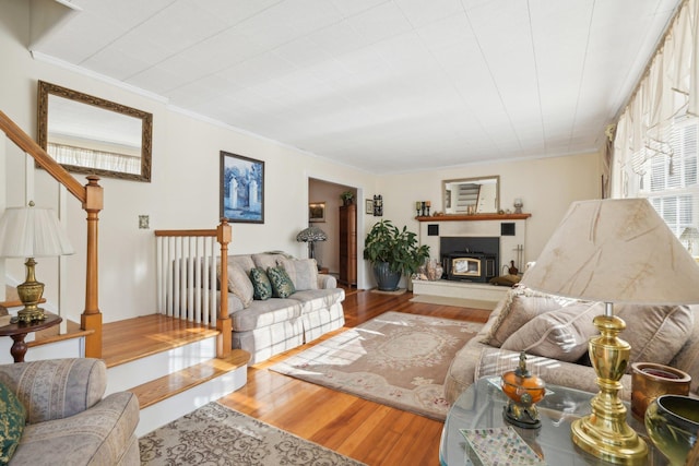 living room with wood-type flooring and ornamental molding