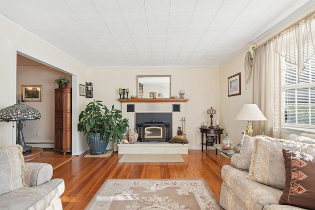 living room with hardwood / wood-style floors, a wood stove, a baseboard heating unit, and ornamental molding