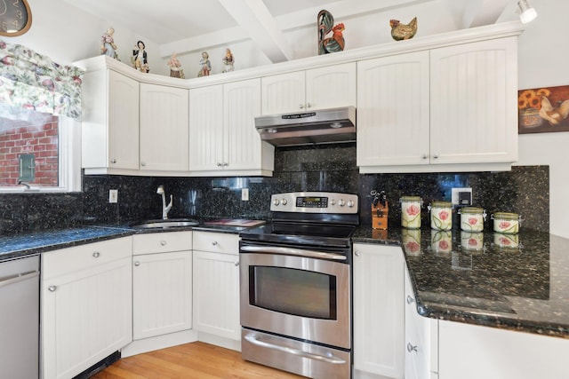 kitchen with sink, white cabinets, white dishwasher, and stainless steel range with electric stovetop