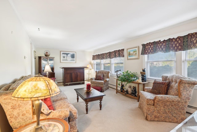 carpeted living room featuring baseboard heating