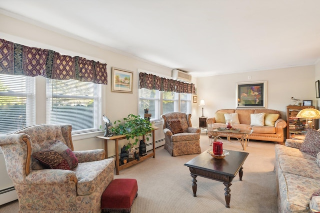 living room with light colored carpet, baseboard heating, and a wall mounted AC