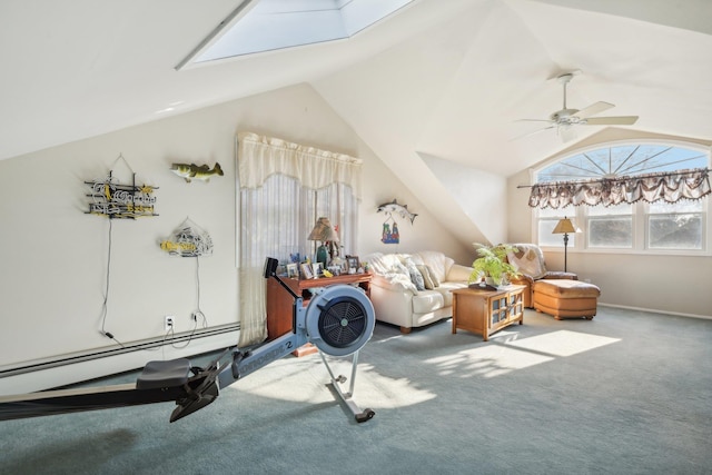 interior space with carpet flooring, ceiling fan, a baseboard radiator, and lofted ceiling