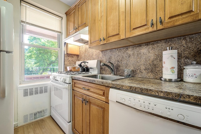 kitchen featuring decorative backsplash, radiator, white appliances, sink, and light hardwood / wood-style flooring