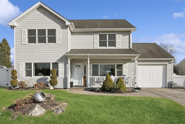 view of front facade featuring covered porch, a front yard, and a garage