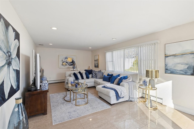 tiled living room with baseboard heating