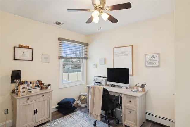 office featuring baseboard heating, ceiling fan, and light hardwood / wood-style flooring