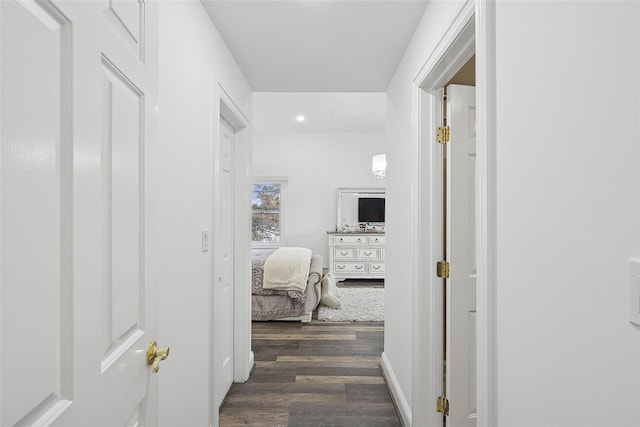 hall with dark wood-type flooring