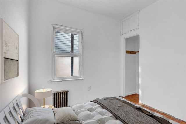 bedroom featuring radiator heating unit and light hardwood / wood-style flooring