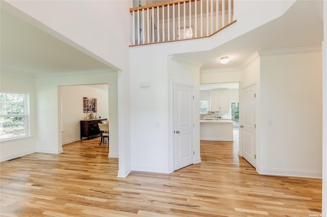 hallway with ornamental molding, a high ceiling, and light hardwood / wood-style flooring