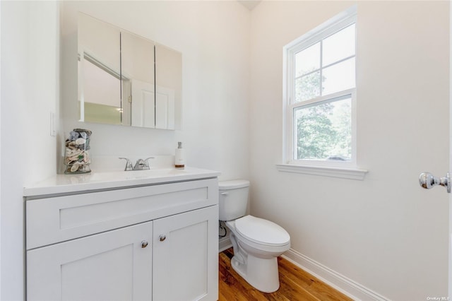 bathroom with wood-type flooring, vanity, and toilet