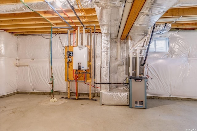 basement with tankless water heater