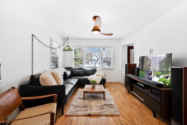 living room featuring ceiling fan and light hardwood / wood-style flooring