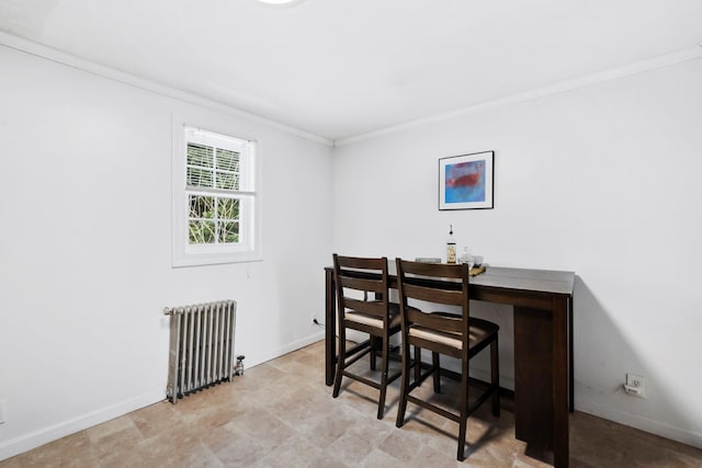 office area with radiator heating unit and ornamental molding