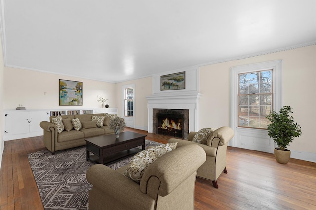 living room featuring ornamental molding and wood-type flooring