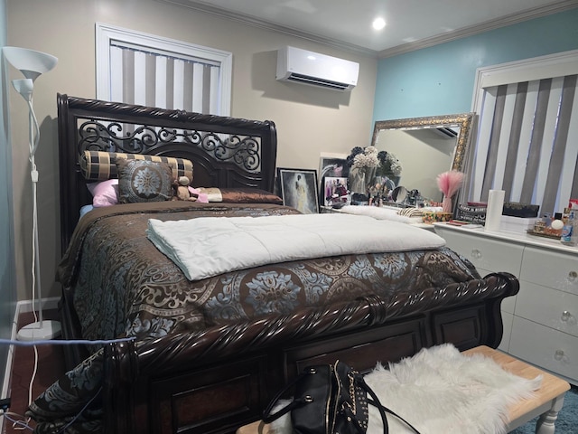 bedroom with ornamental molding and a wall mounted air conditioner