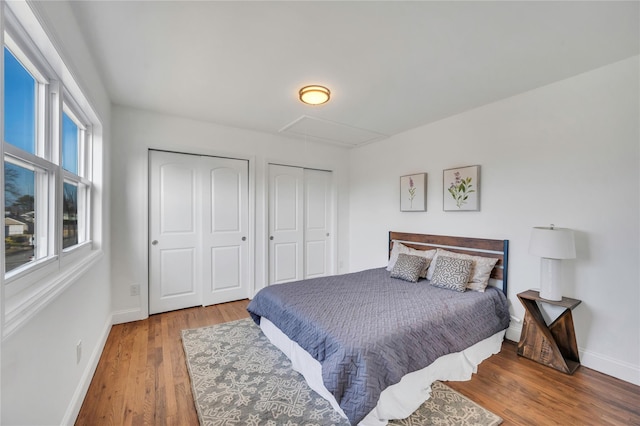 bedroom featuring wood-type flooring and multiple closets